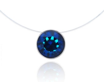 Invisible Necklace - Bermuda Blue - Silver 925 (anti-allergic) - Size of your choice - Solitaire Swarovski - Nylon fishing line style