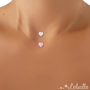 Transparent Necklace Small Light Pink Heart in Crystal, 925 Silver, Invisible Fishing Nylon Thread Choker