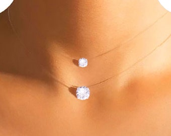 Swarovski® Pendant Necklace - Small or Large Solitaire - Jewel Transparent Nylon Thread Choker - Wedding - Gift for her