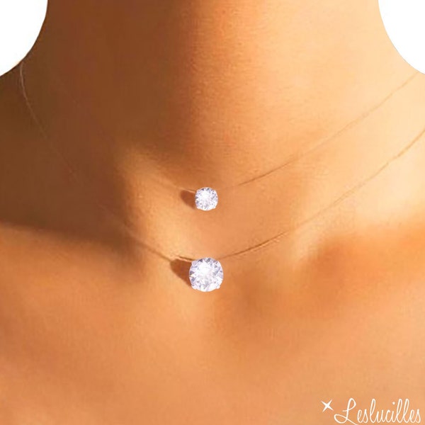 Swarovski® Pendant Necklace - Small or Large Solitaire - Jewel Transparent Nylon Thread Choker - Wedding - Gift for her