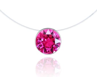 Invisible Necklace - Fuchsia Pink - 925 Silver (anti-allergic, nickel free) - Swarovski Solitaire 6mm - Length of your choice