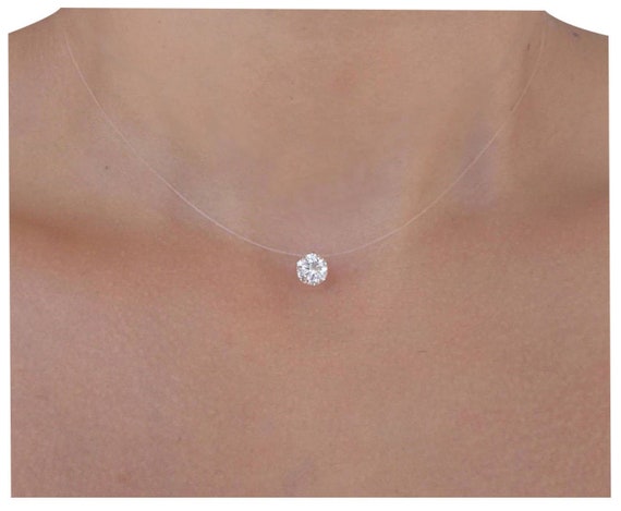 Invisible Necklace - Solitaire Zirconium - 925 Silver - Transparent Nylon Thread - Invisible Fishing Line Diamond Srass - Choker