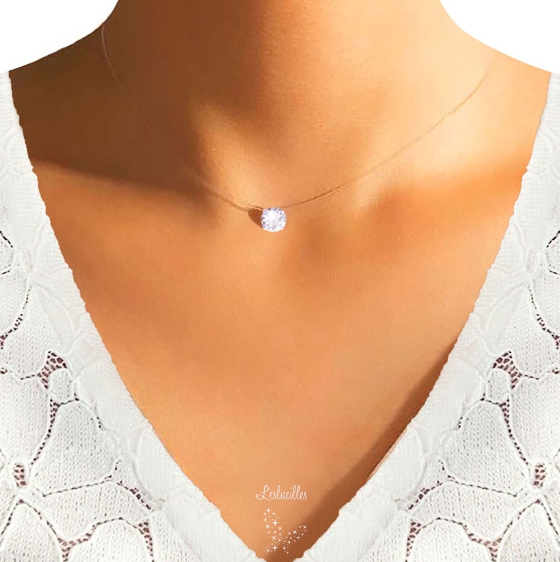 Collar invisible GRAND Swarovski® Collar solitario de nailon transparente de 8 mm Acabado en plata 925 Personalizable Diamante suspendido Medium - 6mm