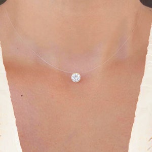 Invisible Necklace - Gold Plated (24K) Solitaire - Fishing Line Necklace Style - Clear Nylon Necklace - No Claw