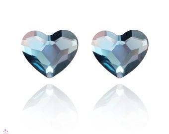 6mm Denim Blue Crystal Heart Earrings - 925 Silver (anti-allergic)