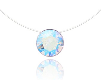 Collier Invisible - Shimmer - Argent 925, Or et Or rose - Solitaire Swarovski 6mm - Longueur au choix - Collier transparent nylon