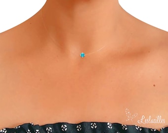 Mini Solitaire Turquoise invisible necklace - Swarovski 4mm - 925 silver - Transparent peach nylon thread - Customizable - Adjustable