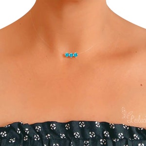 Invisible Triple Solitaire Turquoise Blue Necklace Swarovski Silver Transparent peach nylon thread Customizable Adjustable image 1
