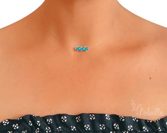 Invisible Triple Solitaire Turquoise Blue Necklace - Swarovski - Silver - Transparent peach nylon thread - Customizable - Adjustable