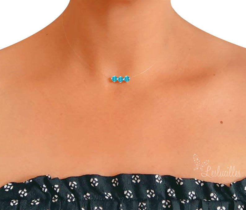 Invisible Triple Solitaire Turquoise Blue Necklace Swarovski Silver Transparent peach nylon thread Customizable Adjustable image 1