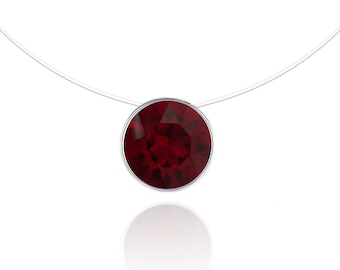 Collar Invisible - Rojo Oscuro - Solitario Swarovski - Plata 925 - Nylon Transparente - Hilo de Pesca Invisible SARSs Diamond