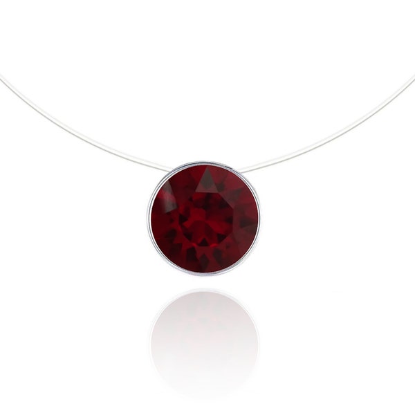 Collier ras de cou invisible - Rouge Foncé - Solitaire Swarovski - Argent 925 - Nylon transparent - Fil de pêche invisible Diamant Srass