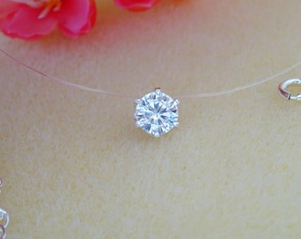 Collar Invisible - Circonita Solitaria - Plata 925 - Hilo de Nailon Transparente - Sedal Invisible con Diamantes - Gargantilla