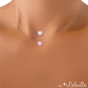 Invisible Necklace Small Heart Light Pink or White Crystal Pure Silver 925 Transparent Fishing Nylon Thread Wedding Gift For Her