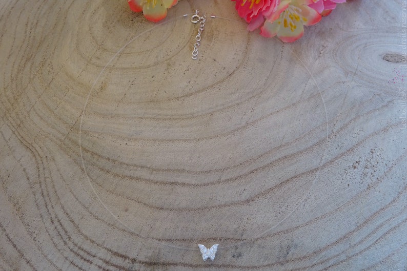 Small Butterfly rhinestone Silver 925 transparent Nylon cord Choker necklace the