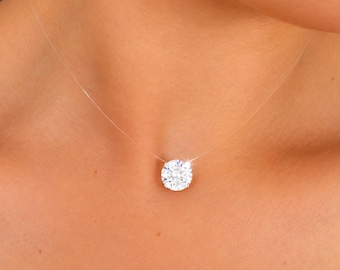 Swarovski Invisible Necklace BIG Gold SMALL Pendant, Transparent Nylon Choker Solitaire, Silver, Gold, Customizable, Hanging Diamond