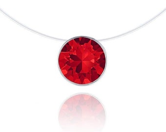 Transparent Red Pendant Necklace, Genuine Swarovski Solitaire, 925 Silver, Hypoallergenic, Transparent Nylon Invisible Fishing Line