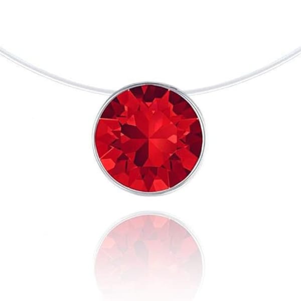 Collier transparent pendentif Rouge, Solitaire Swarovski Véritable, Argent 925, hypoallergénique, Nylon transparent Fil de pêche invisible