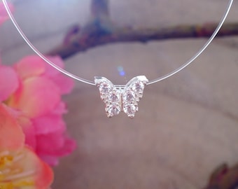 Collar Mariposa Pequeña con Strass en Plata 925 Gargantilla Hilo de Nylon Transparente