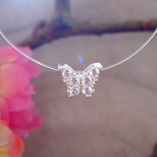 Collier Petit Papillon Strass en Argent 925 Fil Nylon transparent ras du cou