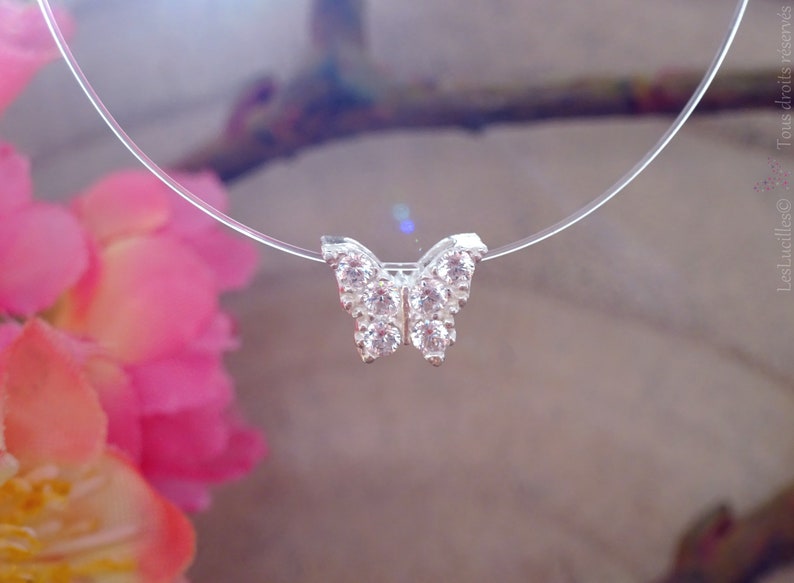 Small Butterfly rhinestone Silver 925 transparent Nylon cord Choker necklace the