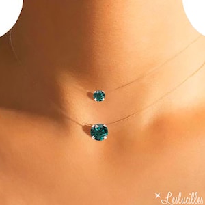 Invisible Emerald Pendant Necklace - Swarovski Crystal - Silver / Gold - Transparent Nylon Jewel