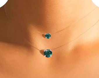 Invisible Emerald Pendant Necklace - Swarovski Crystal - Silver / Gold - Transparent Nylon Jewel