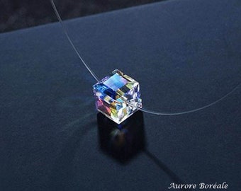 Necklace in transparent nylon thread Cube 6mm Aurora Borealis - Silver 925 & Crystal by Swarovski - gift woman