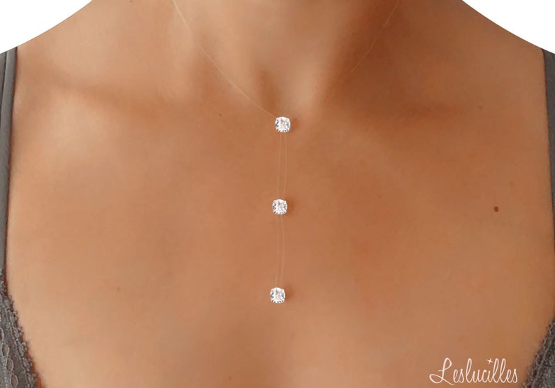 Invisible Triple solitaire necklace 6mm Swarovski® Silver Transparent peach nylon thread Minimalist jewelry Adjustable Wedding image 1