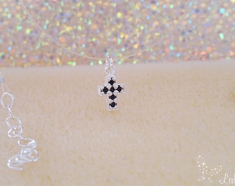 Collier invisible Petite Croix Religieuse - Zircon noir - Collier Nylon transparent Fil de pêche - Bijoux Religieux - Religious jewelry