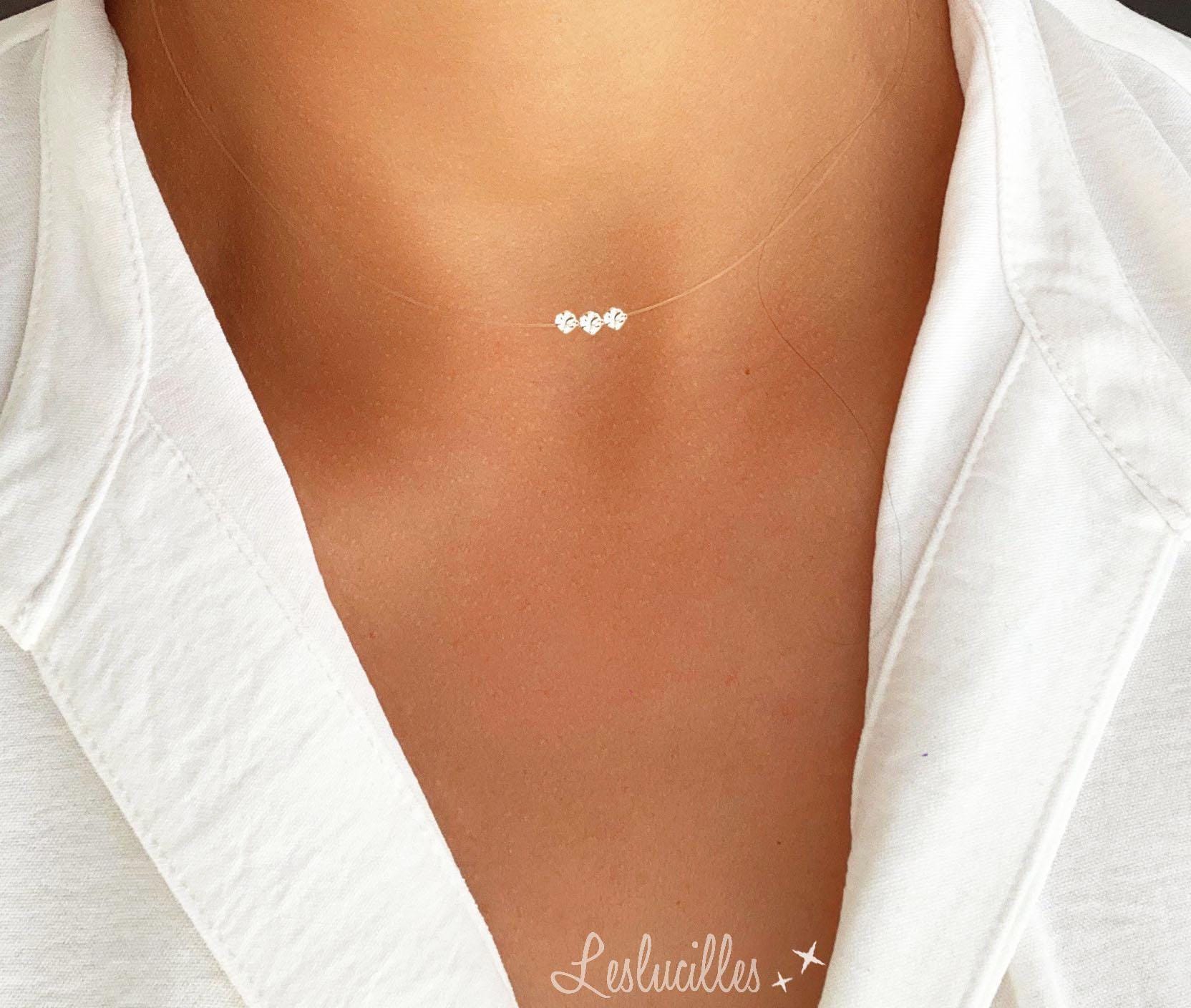 Invisible trio crystal necklace, silver, gold plated, transparent fishing nylon thread choker - Customizable