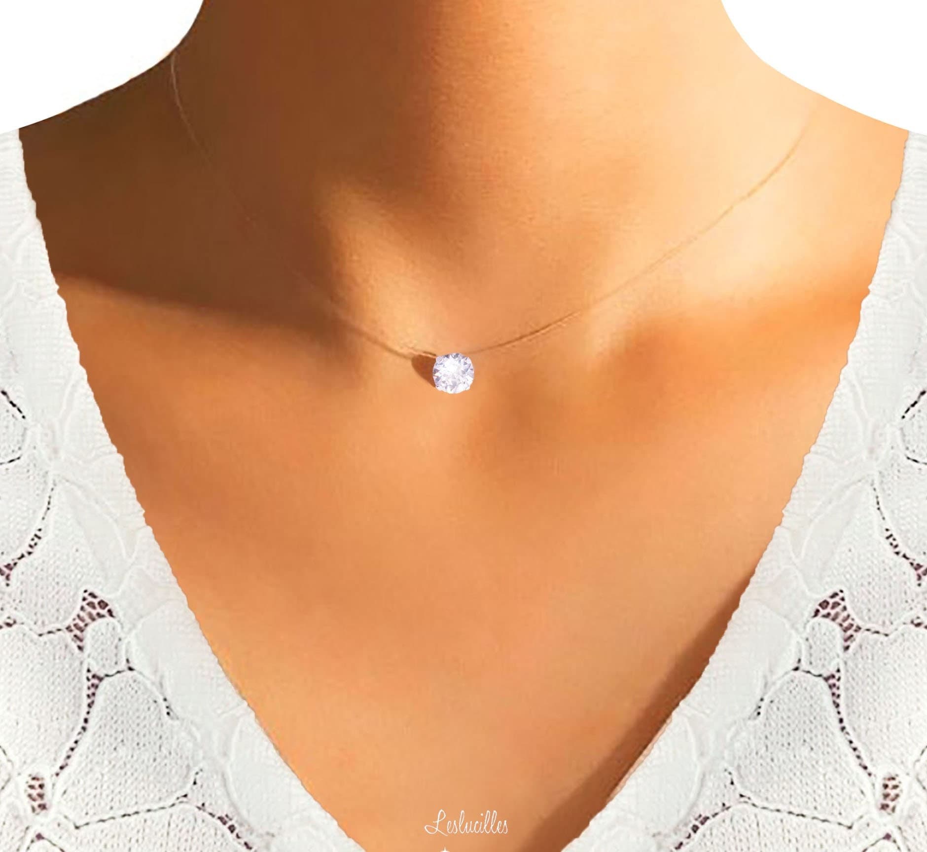 Small / Large Swarovski illusion necklace - Transparent hanging pendant necklace - 925 silver - choker, floating solitaire necklace