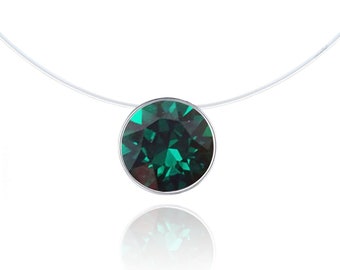 Emerald Green Invisible Necklace in 925 Silver (anti-allergic, nickel free), Swarovski Crystal Solitaire 6mm, transparent choker neck