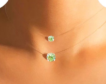 Invisible Peridot Necklace - Small/Large Swarovski® Pendant - Silver/Gold - Silver/Gold - Clear Solitaire Necklace