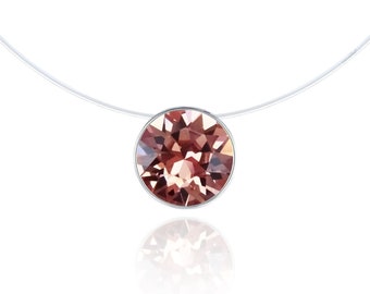 Collier Invisible - Rose Poudré - Argent 925 (anti-allergique, sans nickel) - Solitaire Swarovski 6mm - Longueur au choix