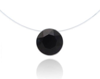 Collier Transparent - Noir - Argent 925 - Solitaire Swarovski 6mm - Ras-de-cou - Longueur au choix