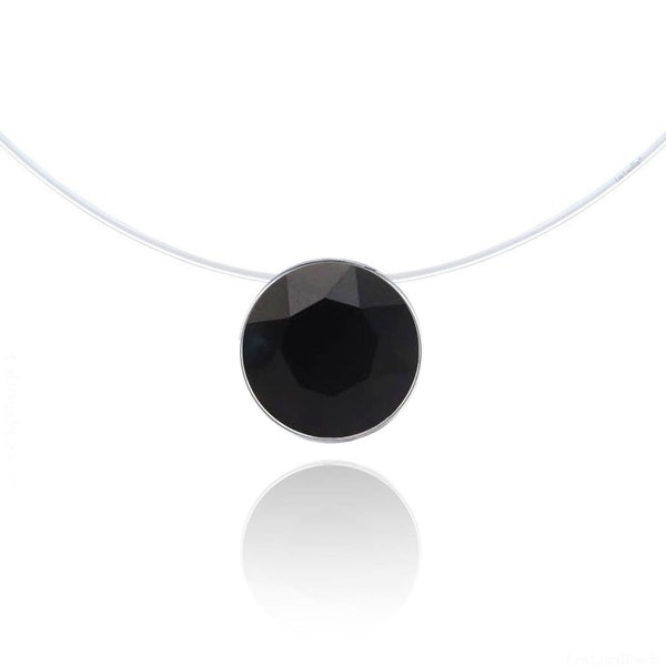 Collier Transparent - Noir - Argent 925 - Solitaire Swarovski 6mm - Ras-de-cou - Longueur au choix