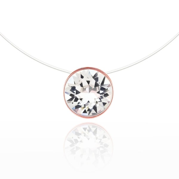 Collier invisible - Or Rose - Solitaire Swarovski 6mm - hypoallergénique, sans nickel, sans plomb - Longueur au choix