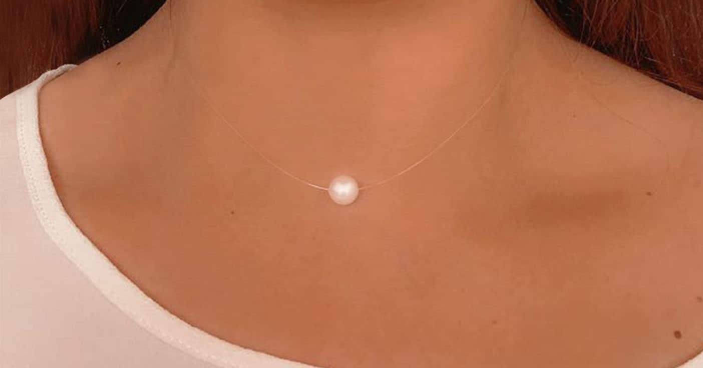 Collier invisible Perle Blanche Nacrée - Argent 925 - Fil de nylon/pêche  transparent clavicule ras de cou