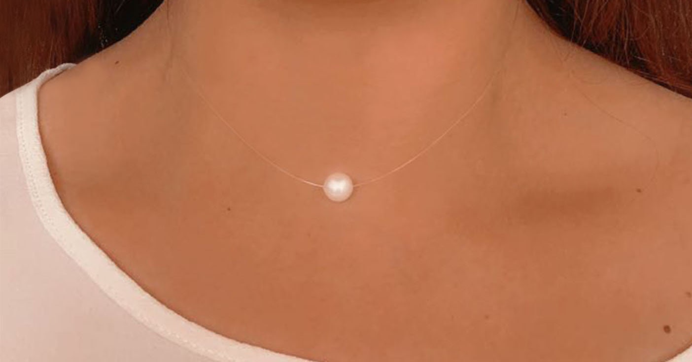 Invisible Necklace - Pearl White Pearl - Silver 925 - Peach Wire Styl…
