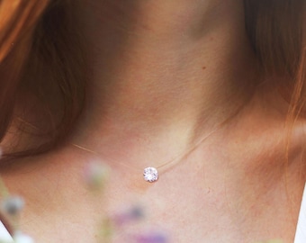 Invisible necklace with a SMALL or LARGE crystal pendant - Transparent nylon thread - Solitaire fishing line - Wedding