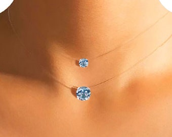 Aquamarine necklace - Swarovski crystal - Silver / Gold - Transparent nylon necklace - Fine minimalist Boho necklace - gift idea
