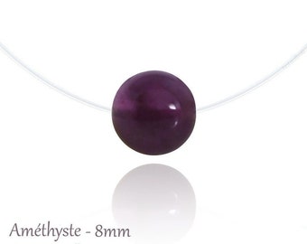 Invisible Necklace - Amethyst - Silver / Gold / Rose Gold - Cut of your choice - Natural Stones 8mm (lithotherapy) - Nylon fishing line style