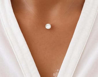 Colar gargantilha invisível, pingente cristalizado - Pure Brilliance™ - Colar flutuante com fio de nylon transparente e diamante de zircônia, personalizado
