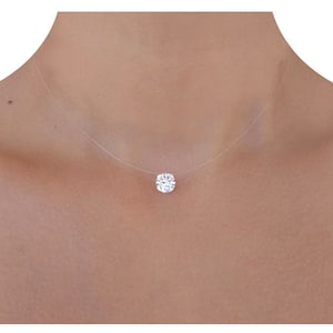 Invisible Necklace Large Pendant Shiny 8mm Transparent Nylon Fishing Line Style Diamond Zircon Crystal - Wedding - Minimalist Solitaire