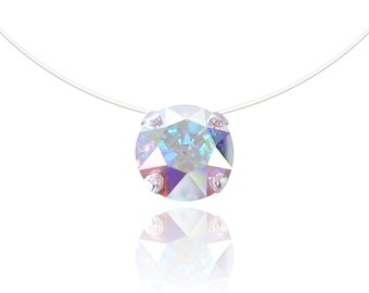 Collier Aurore Boréale - PETIT ou GRAND Solitaire Swarovski - Style fil de pêche / nylon transparent invisible - Pendentif (4 griffes)