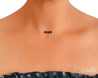 Invisible Triple Solitaire Black Crystal Necklace - 925 Silver - Transparent Peach Nylon Thread - Customizable - Adjustable