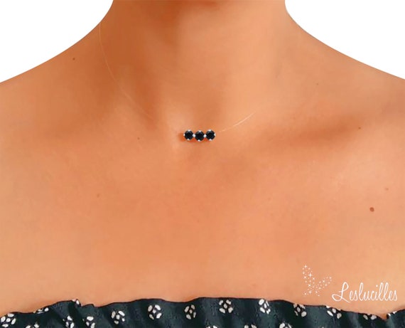 Invisible Triple Solitaire Black Crystal Necklace 925 Silver Transparent Peach Nylon Thread Customizable Adjustable Etsy Canada
