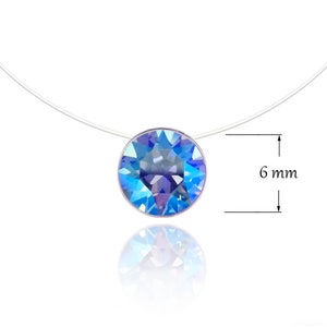 Invisible Necklace Sapphire Shimmer Silver 925, Gold and Rose Gold Solitaire Swarovski 6mm Length of your choice Nylon transparent necklace image 2