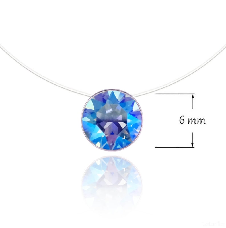 Invisible Necklace Sapphire Shimmer Silver 925, Gold and Rose Gold Solitaire Swarovski 6mm Length of your choice Nylon transparent necklace image 2